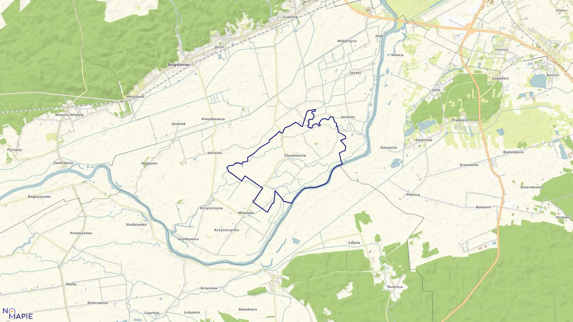 Mapa obrębu Chwałowice w gminie Bogdaniec