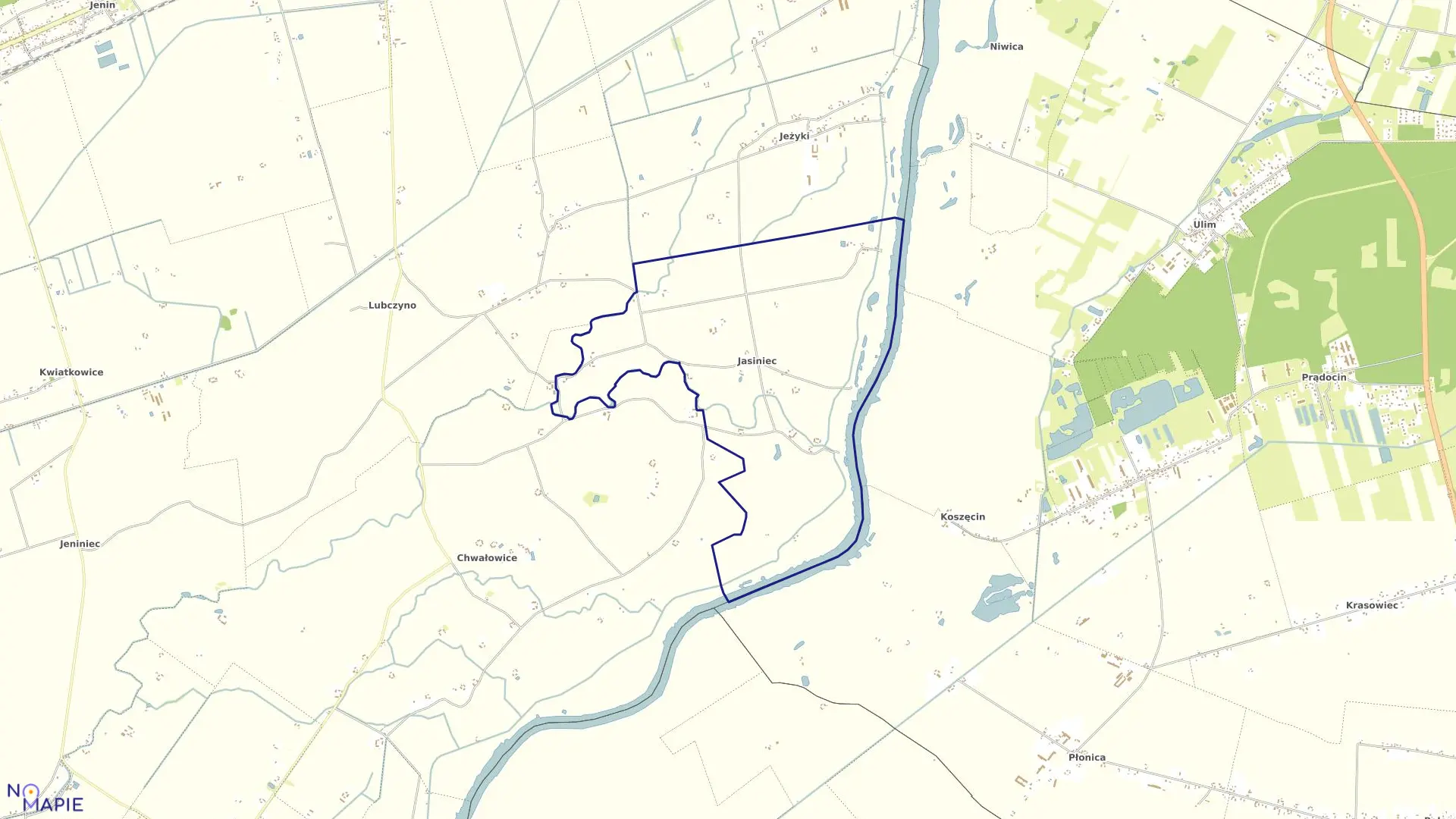 Mapa obrębu Jasiniec w gminie Bogdaniec