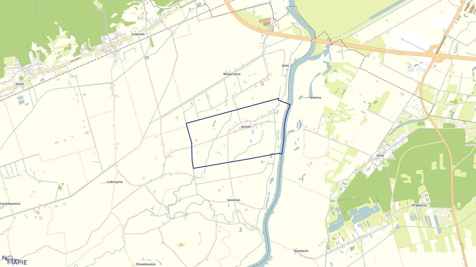 Mapa obrębu Jeżyki w gminie Bogdaniec