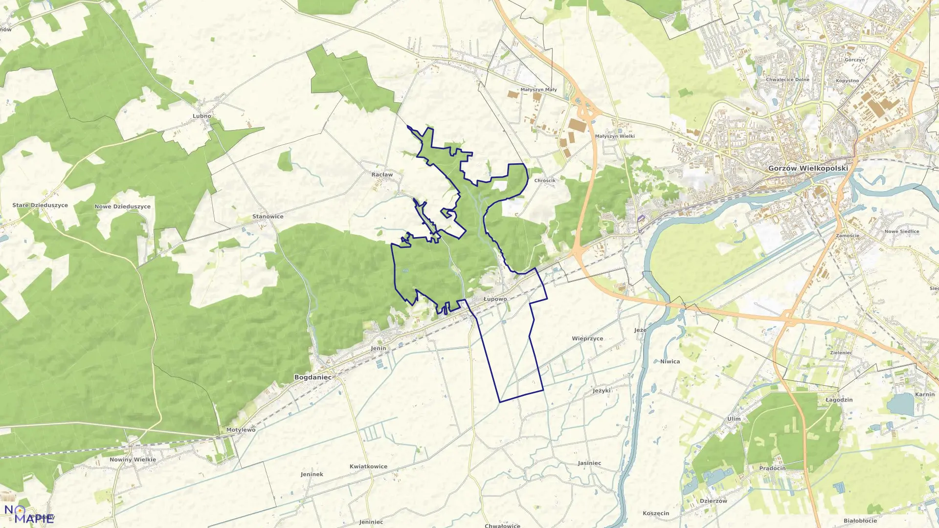 Mapa obrębu Łupowo w gminie Bogdaniec