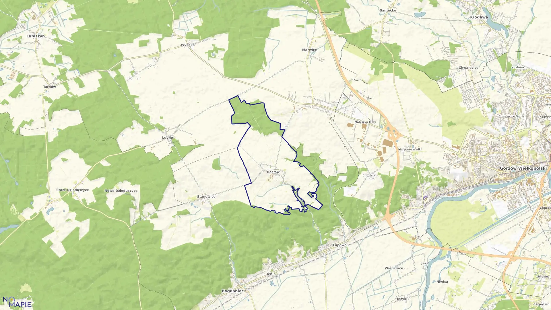 Mapa obrębu Racław w gminie Bogdaniec