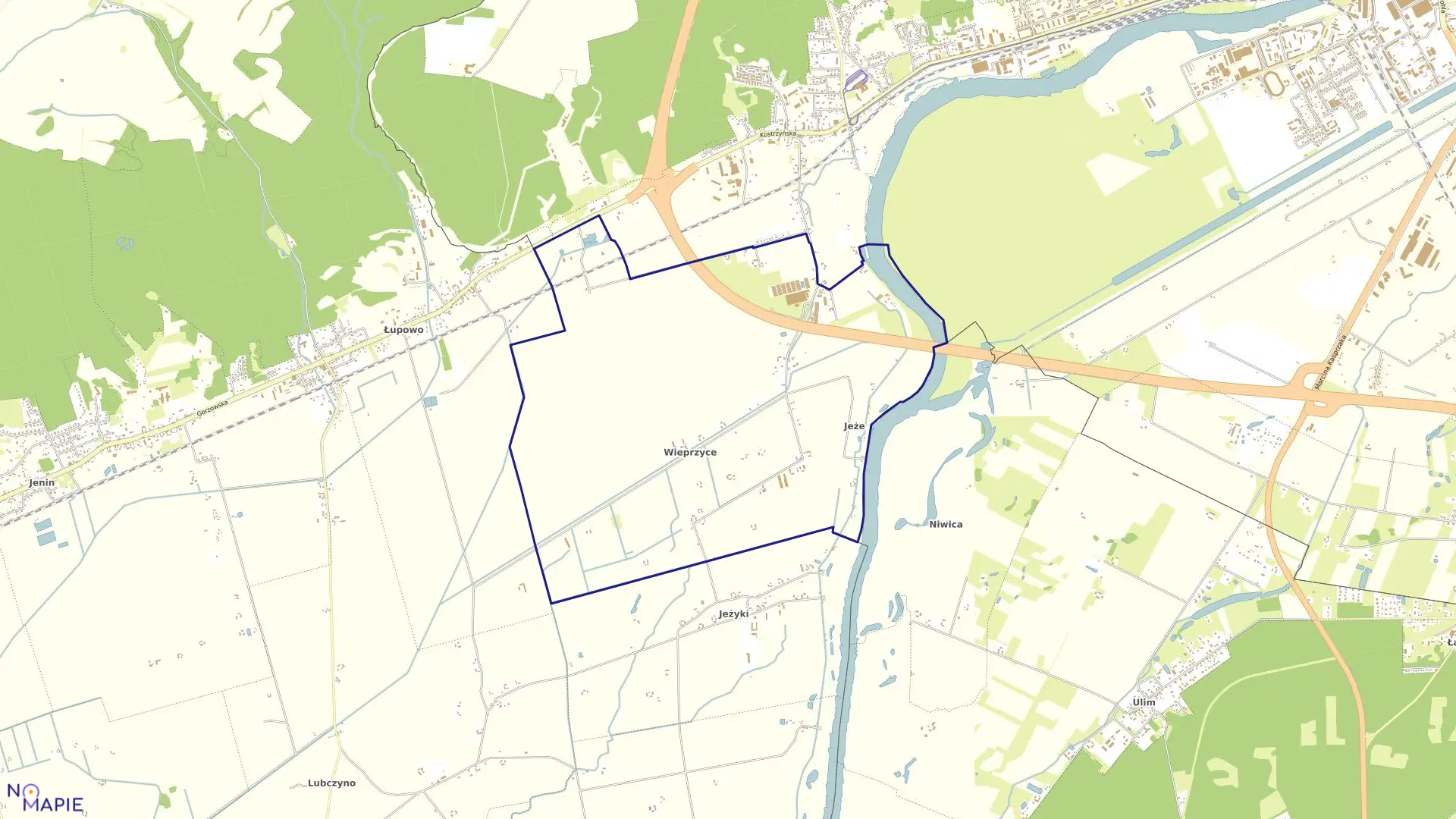 Mapa obrębu Wieprzyce w gminie Bogdaniec